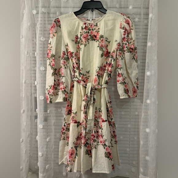 Floral Puff Sleeve Linen Mini Dress - Picture 2 of 5